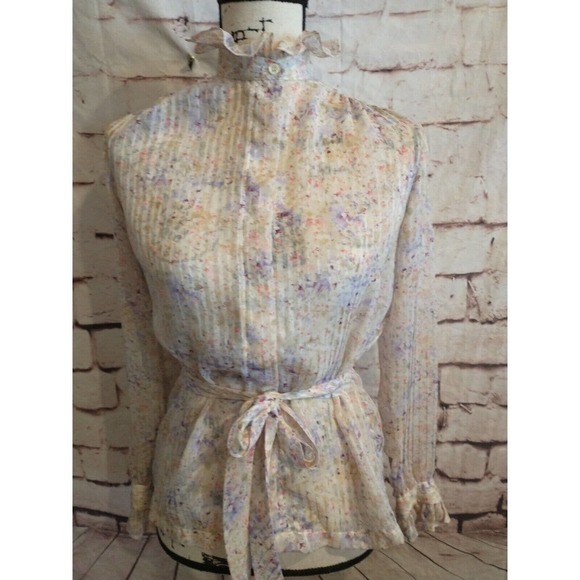 Vintage 80’s Shapely 8 watercolor floral ruffle button high neck blouse belted - Picture 1 of 9